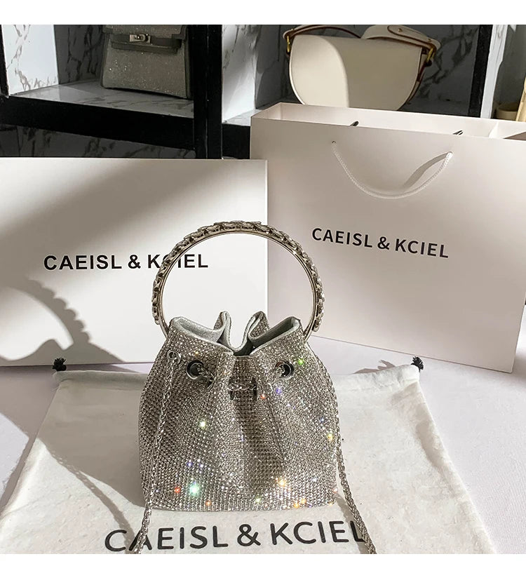 Luxury Designer Women's Handbag Rhinestones Diamonds Evening Clutch Bag Glitter Shiny Bucket Purse Wedding Party Crossbody Bag