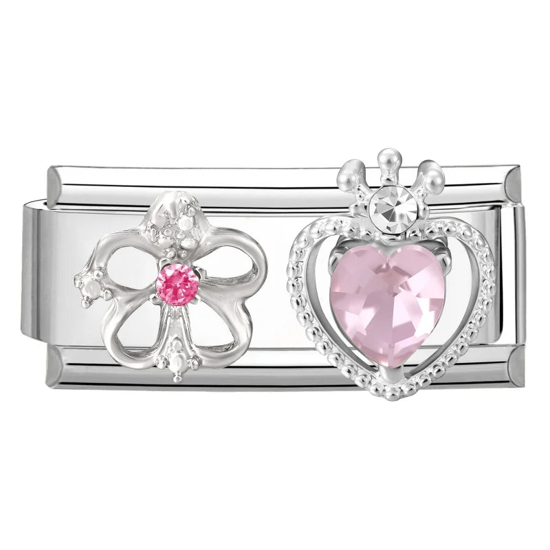 Y2K Zircon Pink Heart Star Butterfly Bow Long Italian Charm Link Fit 9mm Bracelet Stainless Steel Women DIY Making Jewelry Gifts