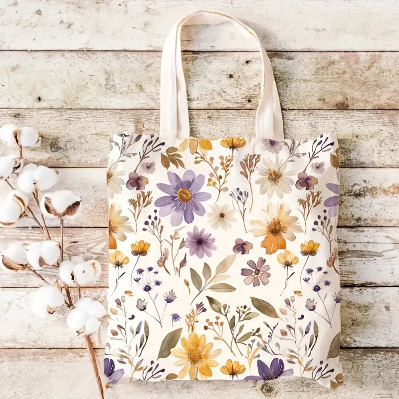 Unisex Canvas Baguette Bag Art Wildflower Pattern Reusable Shopping Tote Large Capacity Double Sided Print Storage Pouch Personal Items Organizer Gift for Friend