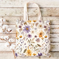 Unisex Canvas Baguette Bag Art Wildflower Pattern Reusable Shopping Tote Large Capacity Double Sided Print Storage Pouch Personal Items Organizer Gift for Friend