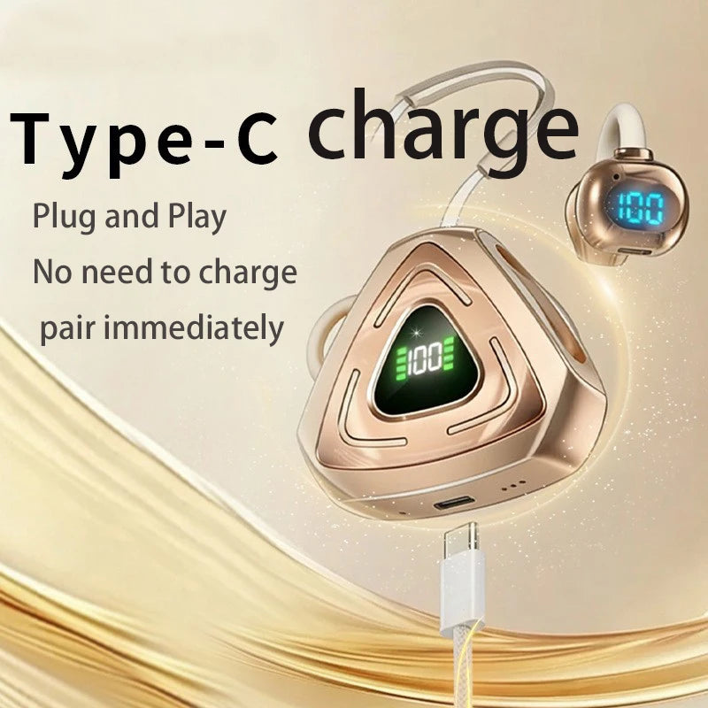 Trendy open-style ear clip earphones with Bluetooth 5.4 and charging case featuring high-definition digital display, small sound