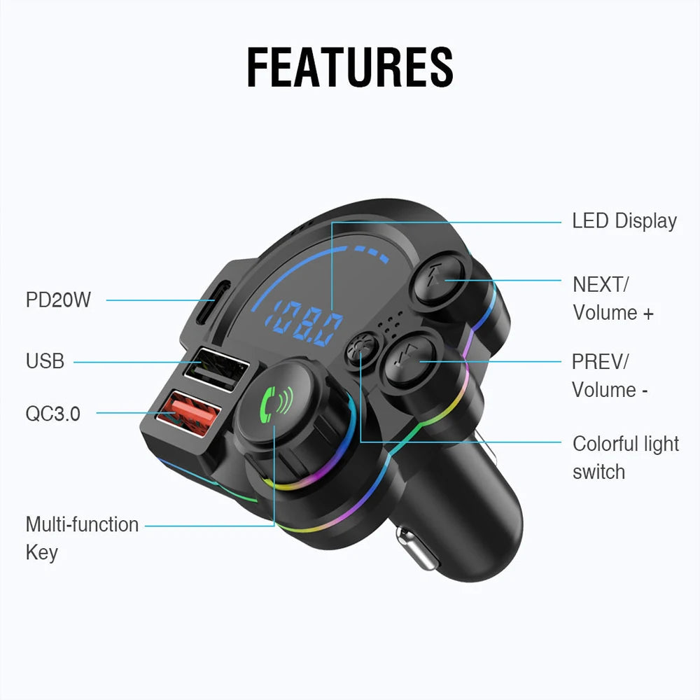 Car USB Chargers Car Bluetooth MP3 Music Hands-free Call P22 V5.3 FM Transmitter QC3.0 + PD20W Dual Fast Charging Interior Parts