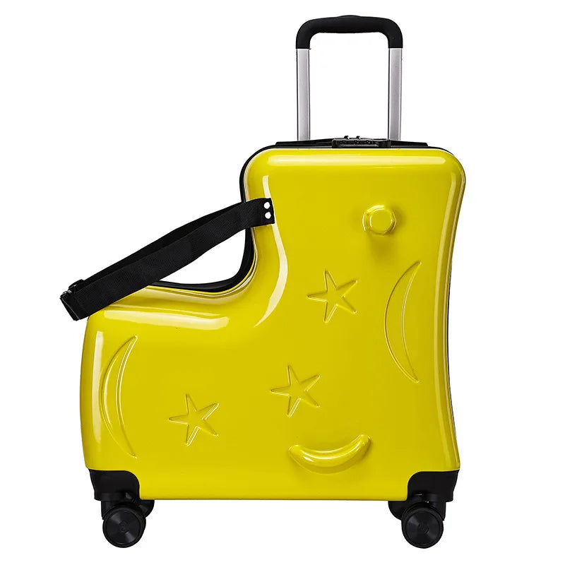 New Suitcase for Kids Wooden Horse Sit to Ride on Luggage with 360° Swivel Wheel 20/24 inch Small Travel Suitcase Boardable
