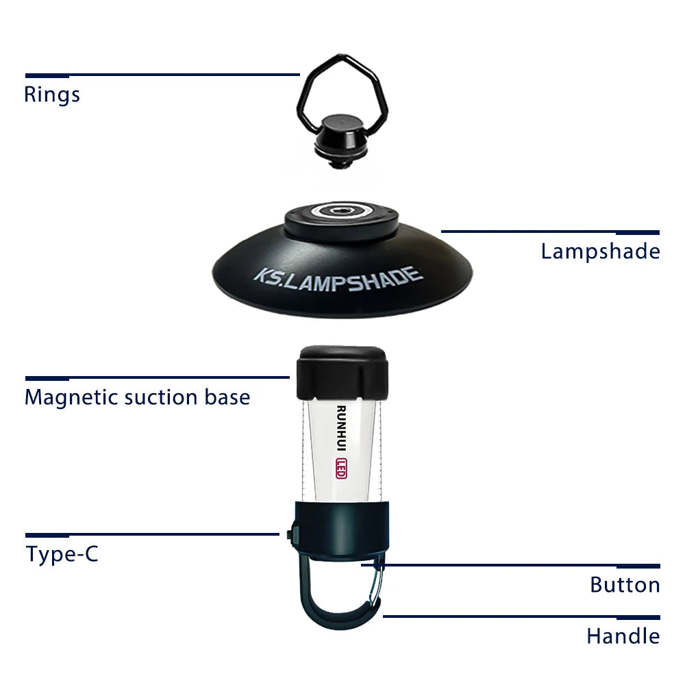 ML4 Outdoor Camping Lantern LED Camping USB Rechargeable Light, Free Tripod, Magnetic Base, 2 Lampshades