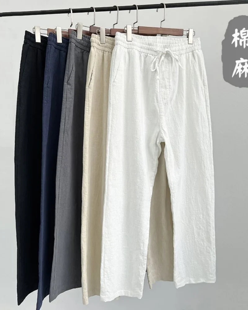 Men's Cotton Linen Solid Color Casual Pants with Elastic Waist Street Wear Jogging Loose Sports Pants