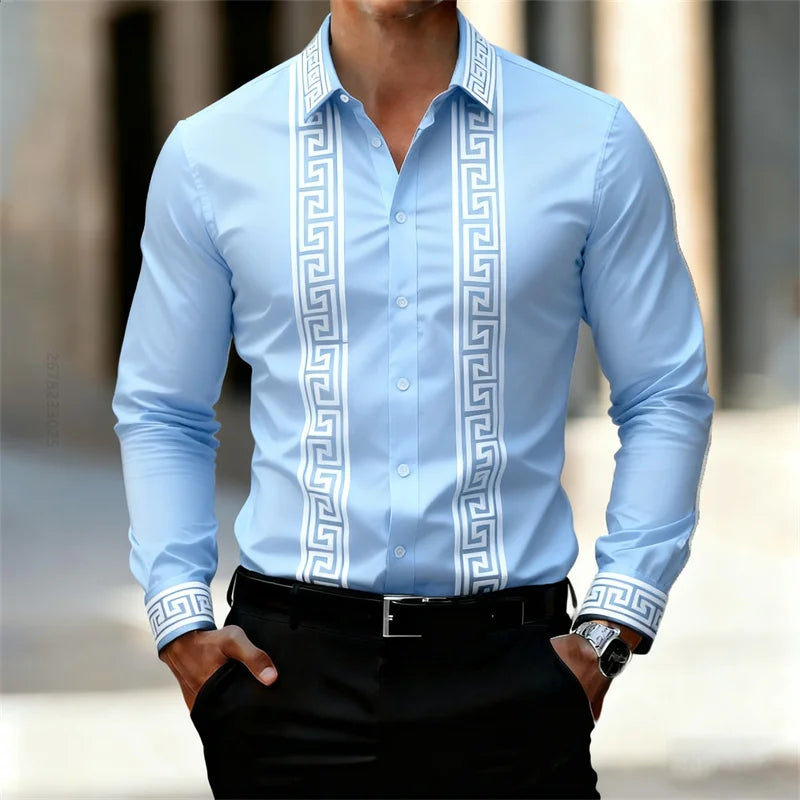 Men's Retro Geometric Print Shirt, Stylish Long-Sleeve Black Shirt, Business Casual Men's Top