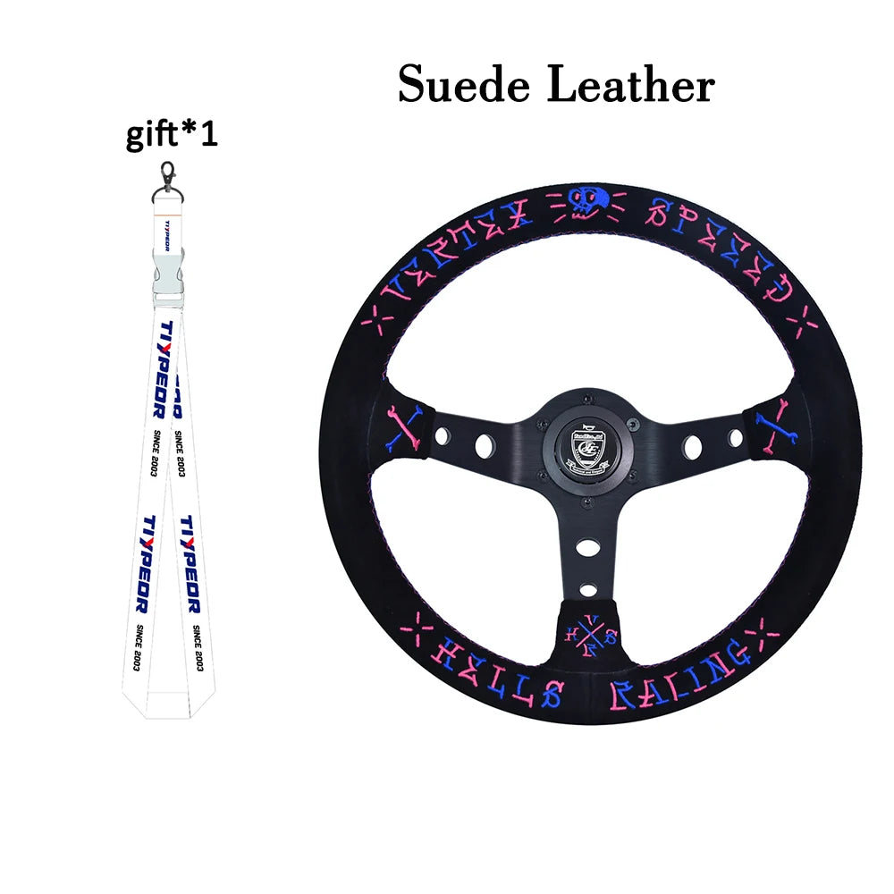 VERTEX Universal Racing Steering Wheel Black Spoke Suede Embroidered Sports Steering Wheel With 6 Holes