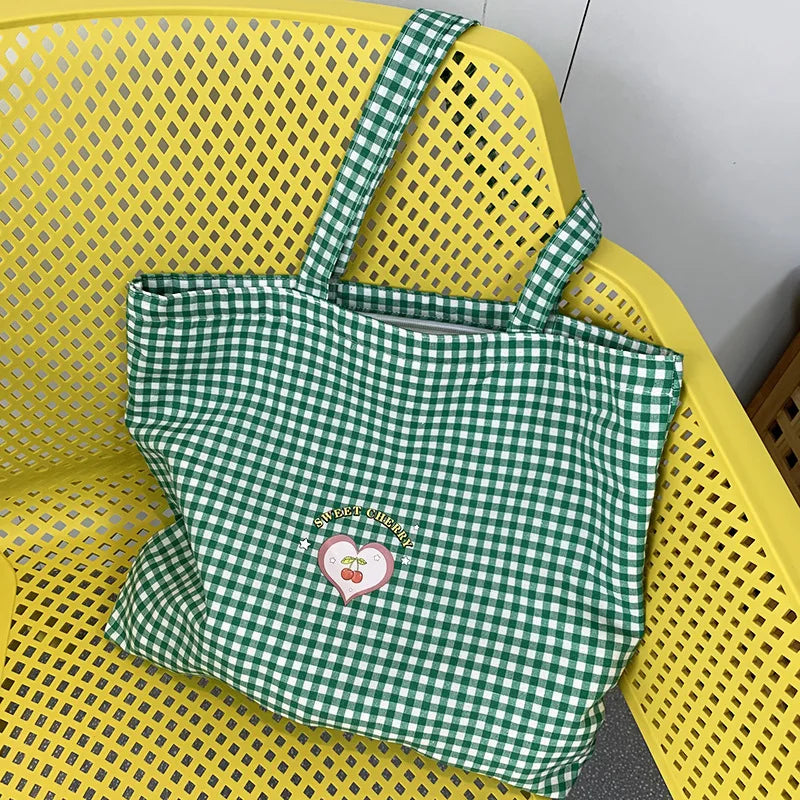 Retro Plaid Women's Portable Shopping Bags Eco Reusable Female Cotton Tote Shoulder Bag College Girls Book Handbags with Zipper