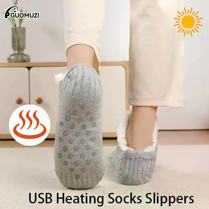 ※ Electric Heated Fleece Socks Slippers For Men Women, Winter USB Heating Pad Knitted Socks Foot Heater