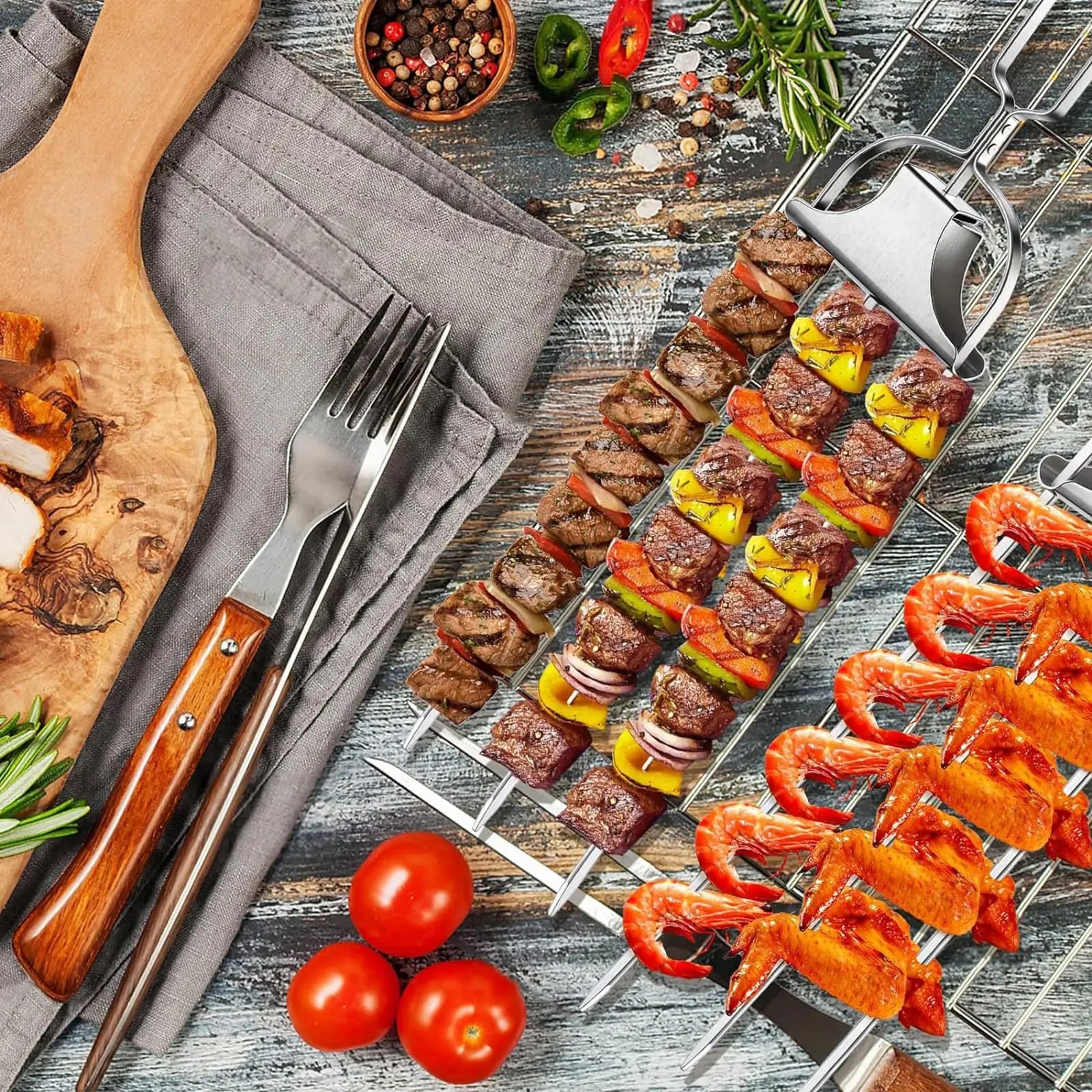Set of 1/3 Stainless Steel Barbecue Fork BBQ Fork Practical Grilling Skewers for Meat Shrimp Kitchen Tools with Push Rod Sliders