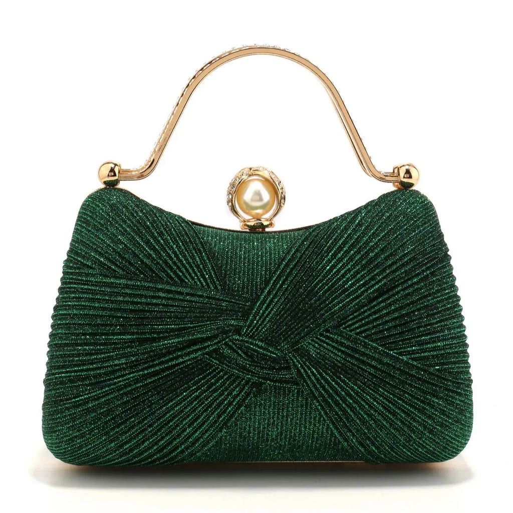 Bow Design Ruched Fashion Women Evening Bags Pink Color Sequined Glitter Metal Pearl Handbags Banquet Lady Wedding Bridal Purse