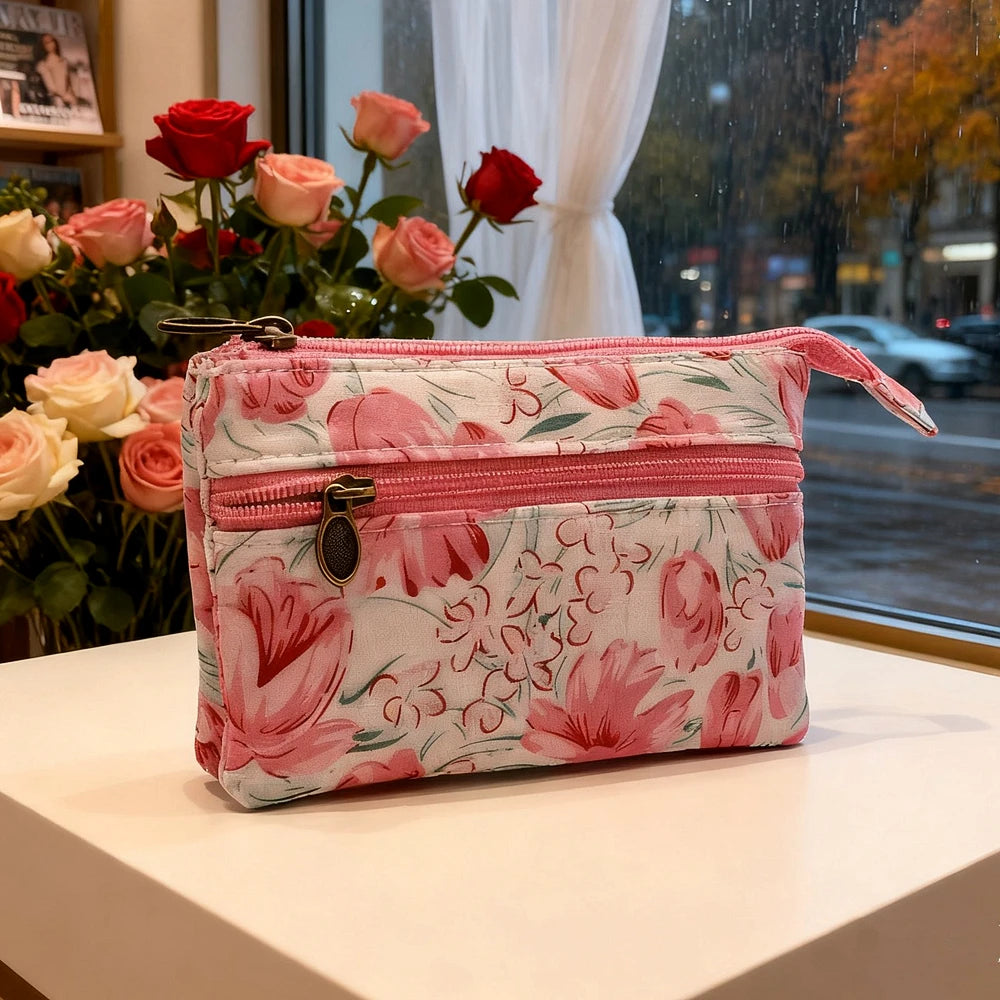 Fresh country-style floral double-printed 4-layer cotton fabric zero wallet for girls - coin bag, keys, ID card bag, card holder