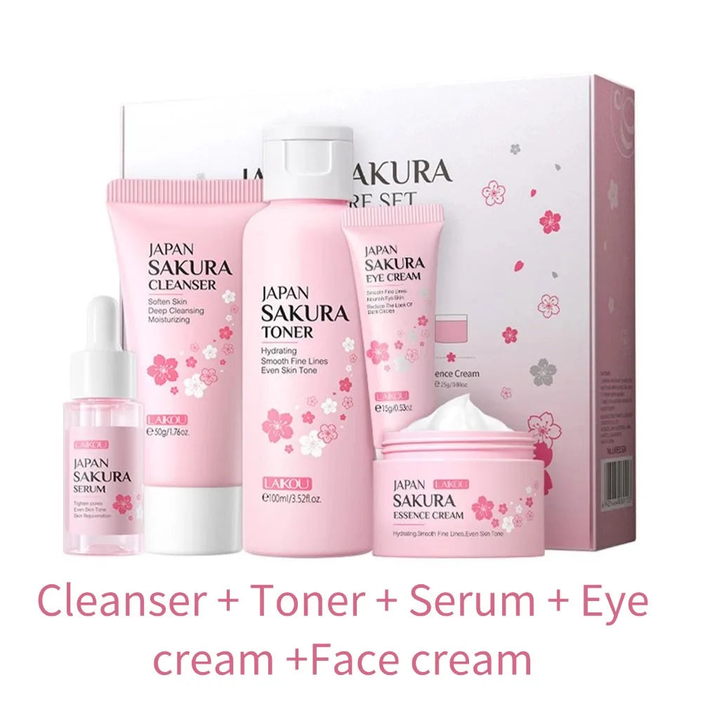 Sakura skin care sets with cleanser, serum, eye cream, facial cream, beauty products for women, travel skin care kit