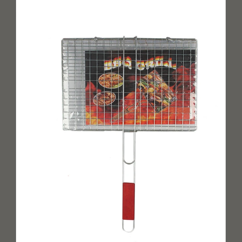 Stainless Steel Wooden Handle Barbecue Net Grilled Fish Clip 35x24 Cm Outdoor Grilling Tool