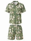 Mens Floral Short Sleeve Shirt and Drawstring Shorts Set Beach Vacation Matching Summer Two Piece Casual Beach Outfit Resortwear