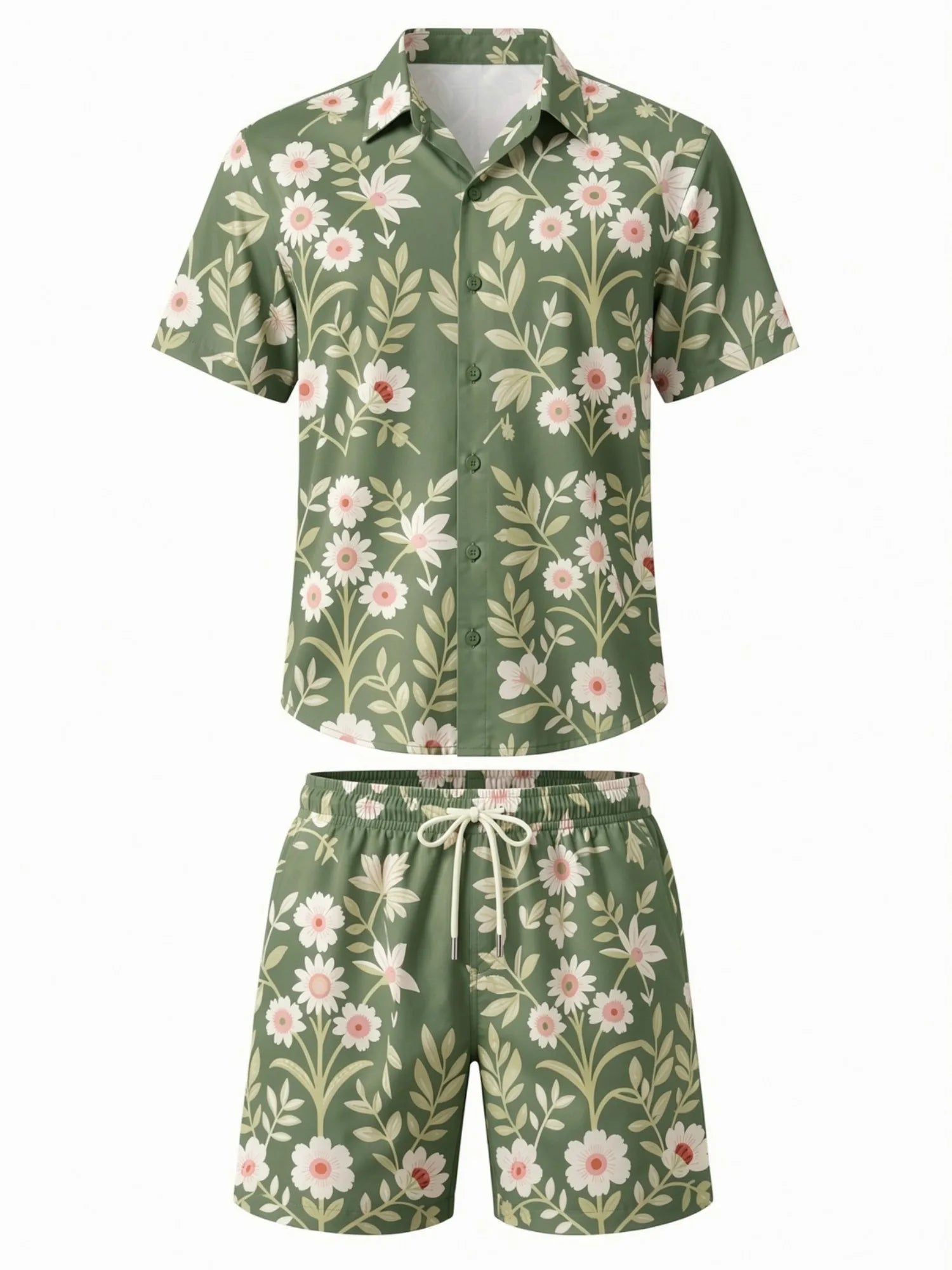 Mens Floral Short Sleeve Shirt and Drawstring Shorts Set Beach Vacation Matching Summer Two Piece Casual Beach Outfit Resortwear