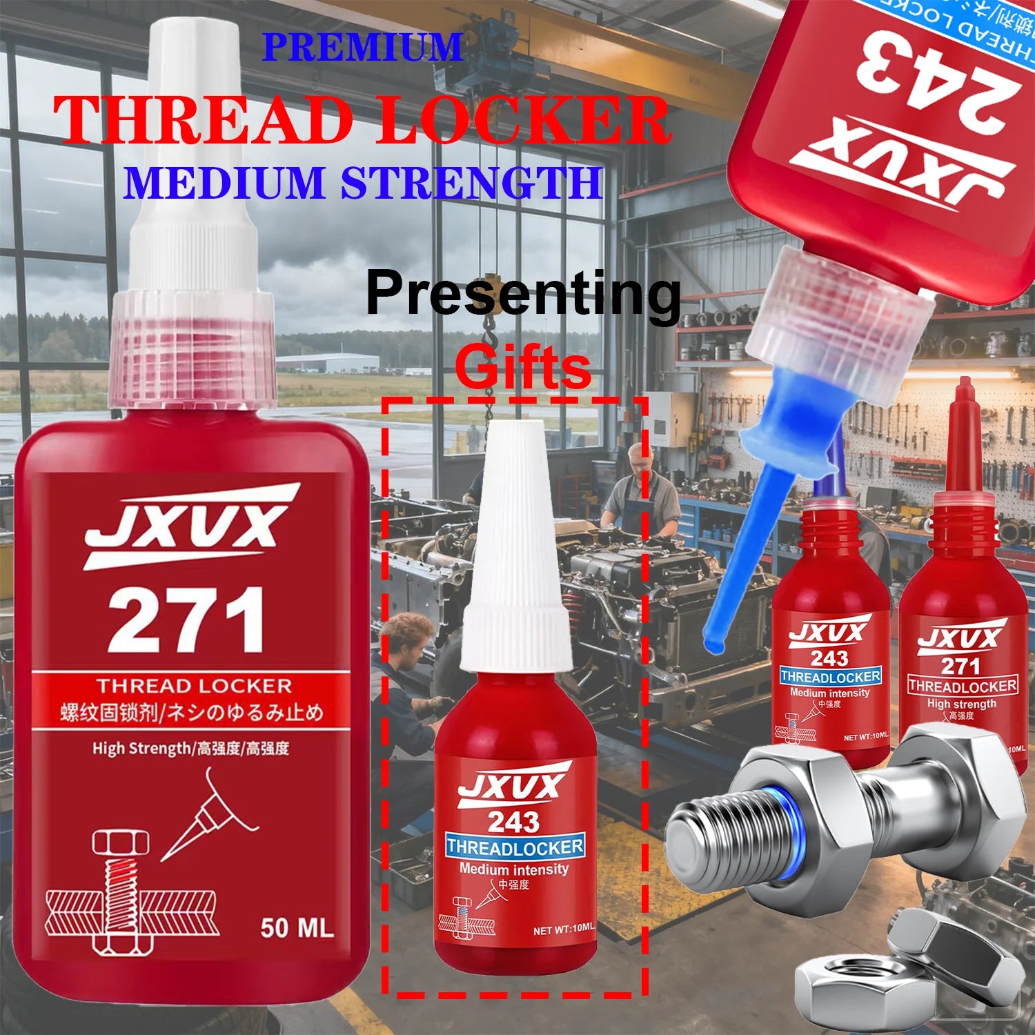 Threadlocker 243/271 is suitable for securing bolts and nuts in machinery – 10 ml/50 ml anti-loosening anaerobic adhesive