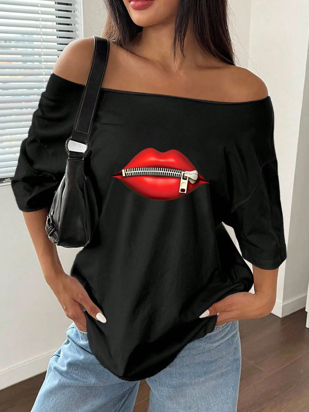 100% Cotton Plus Size Red Lips Zipper Print Shoulder Loose Print T-Shirt Oversized Y2K Style Graphic Tees Women Tops Summer O