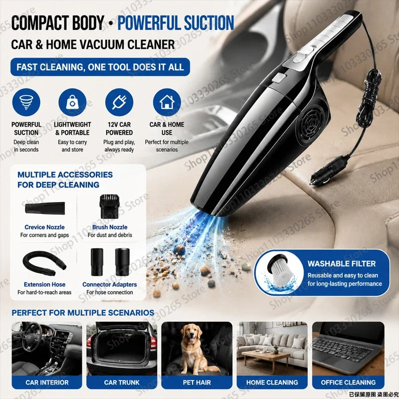 Handheld Car Vacuum Cleaner, 12V Cigarette Lighter Powered, Lightweight with Attachments for Deep Interior Cleaning