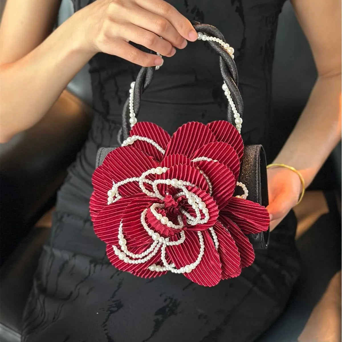 retro burgundy twist pearl cheongsam bag rose three-dimensional pink flower bag fairy bag diagonal straddle girl