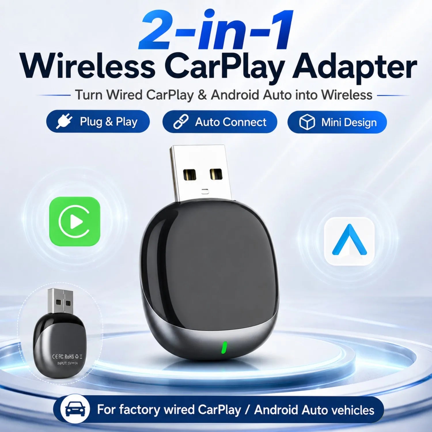 2026 Upgraded 2-in-1 Wireless CarPlay Adapter USB to Type-C Metal Mini Dongle Convert Wired to Wireless CarPlay Plug & Play Auto