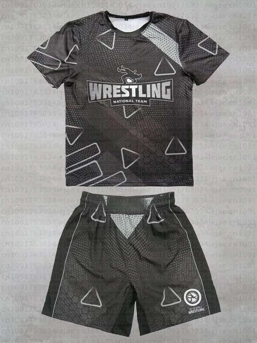 2026 New Summer Men Kid United World Wrestling Sportswear Set Short Sleeve T Shirt and Shorts for MMA Training Lightweight
