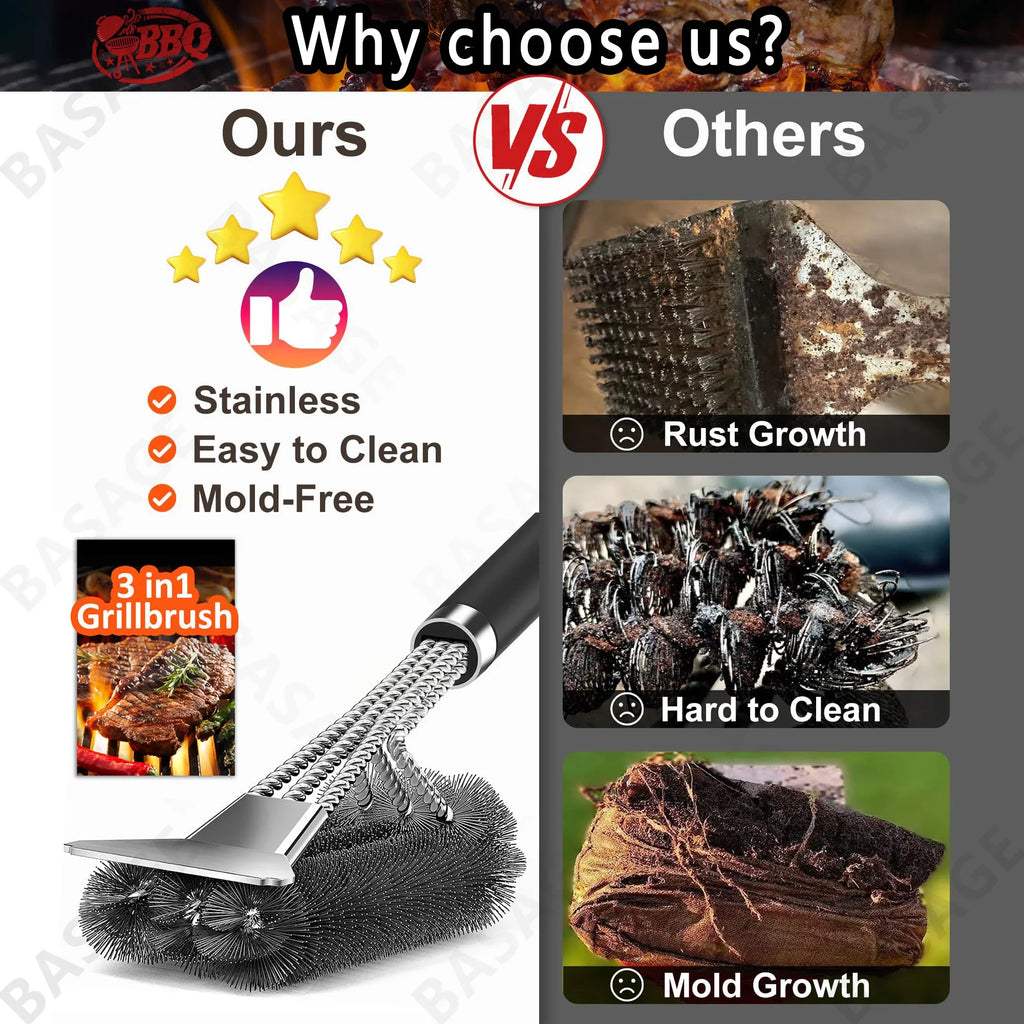 2-in-1 Safe Grill Brush - Bristle-Free BBQ BBQ Cleaner - Rust-Resistant Stainless Steel - Essential Grilling Accessories