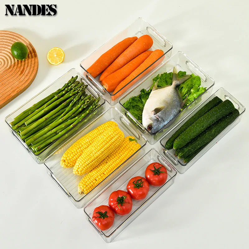 Refrigerator Organizer Bins Stackable Fridge Food Storage Box With Handle Clear Plastic Pantry Freezer Organizer Tool