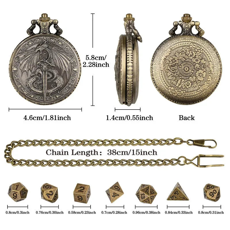 Flying Dragon Pocket Watch Case Pendant Chain 7-Piece Set Micro DND Metal Polyhedral Dice