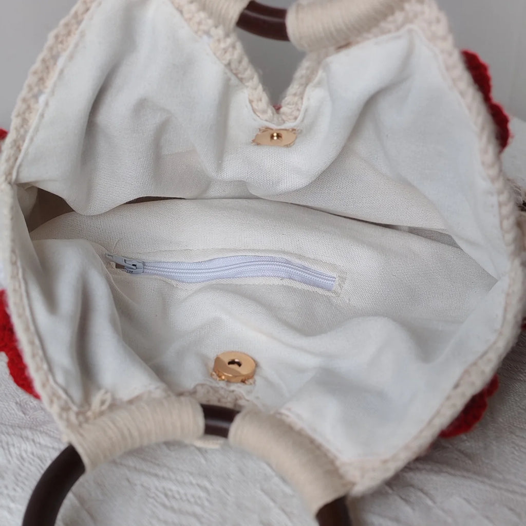 Handmade Crochet Rose Bag | Boho Floral Handbag with Wooden Handles | Summer Casual Tote