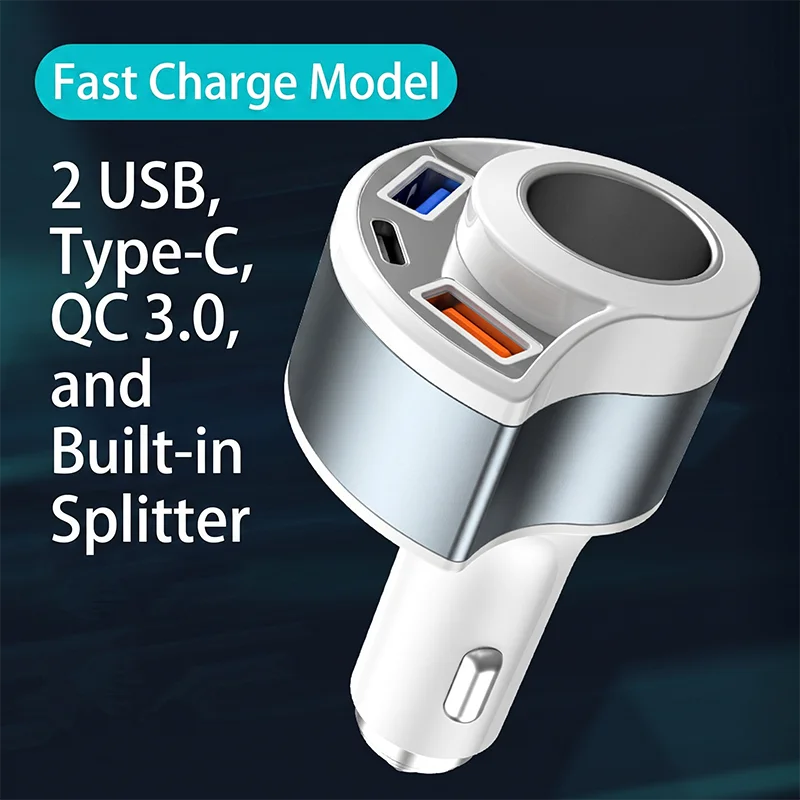 Fast Charging Multi Port Vehicle Power Adapter Car Charger with Cigarette Lighter Splitter Socket Type C Dual USB A  For iPhone