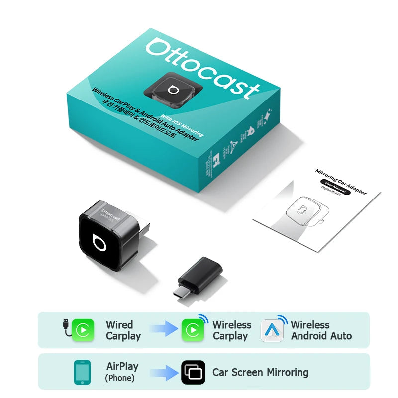 OTTOCAST MINI AIR Cube 4.0 Wireless CarPlay Android Auto 3 in 1  Adapter Screen Mirroring Car Accessories for Youtube Tiktok
