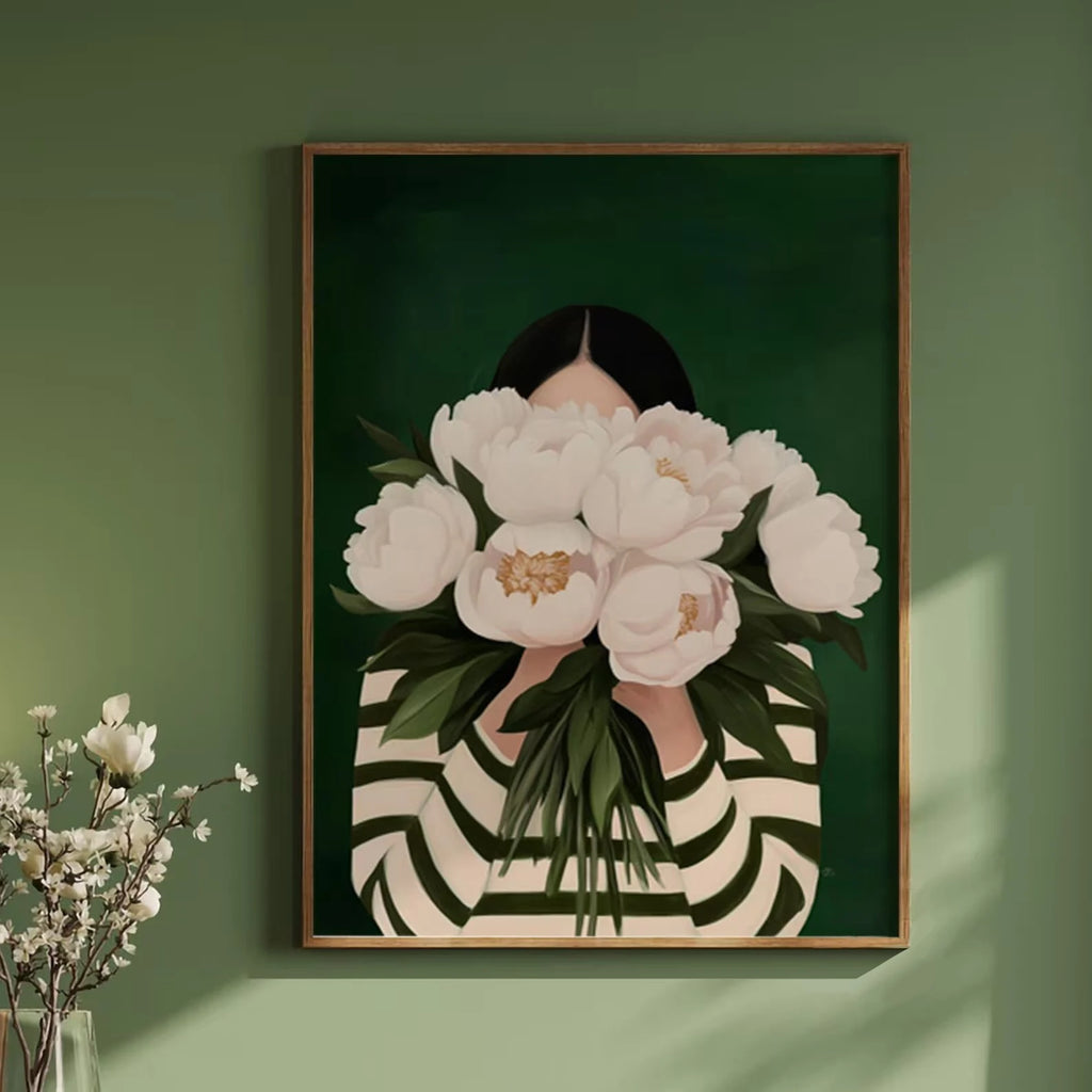 Green Abstract Figures Canvas Print with Flower Woman Minimalist Japandi Female Portrait Art Poster for Modern Living Room Decor