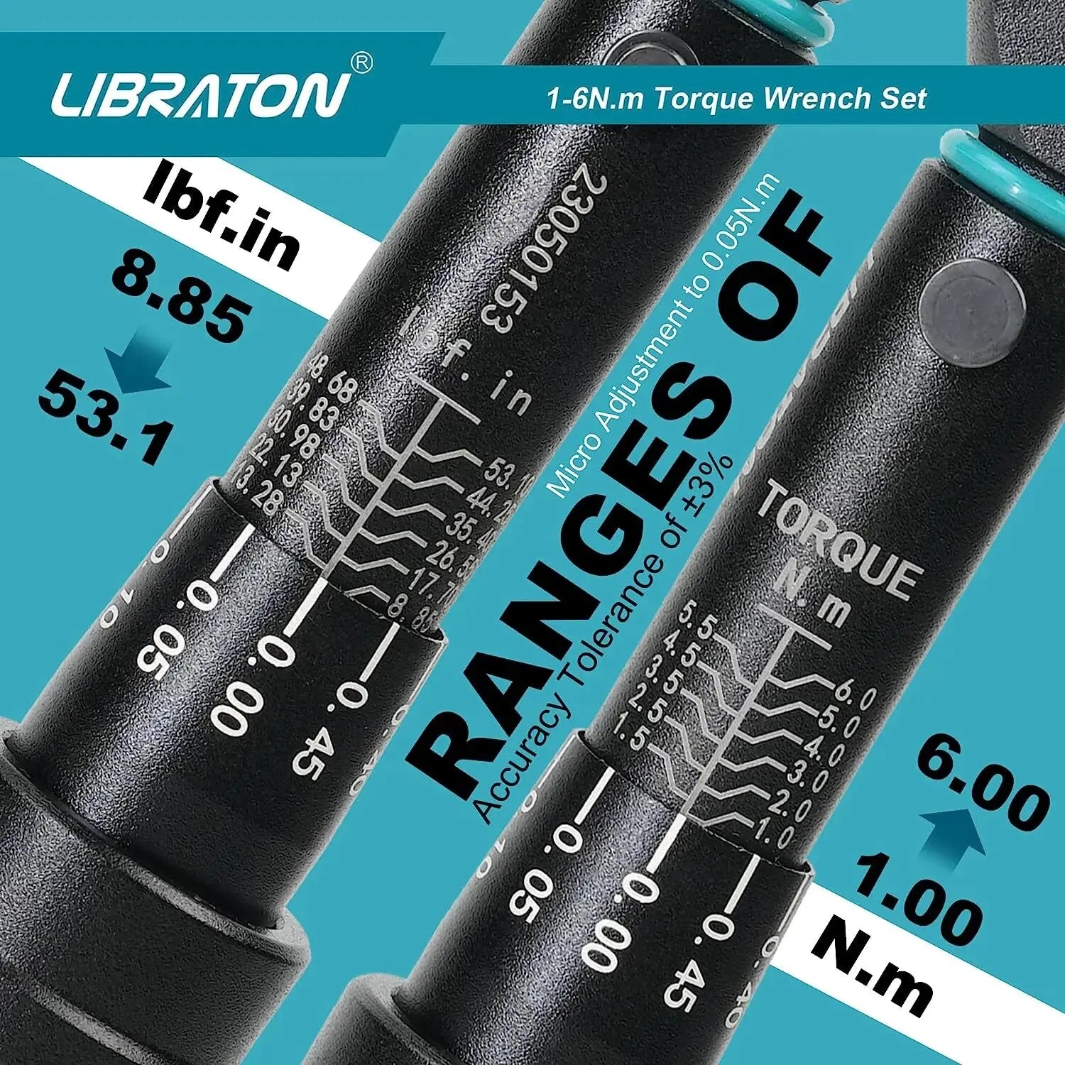 LIBRATON Bike Torque Wrench 1/4'', 1-6Nm, 0.05 Nm Micro, Torque Wrench Drive Click Torque Wrench Set Bicycle Maintenance Kit