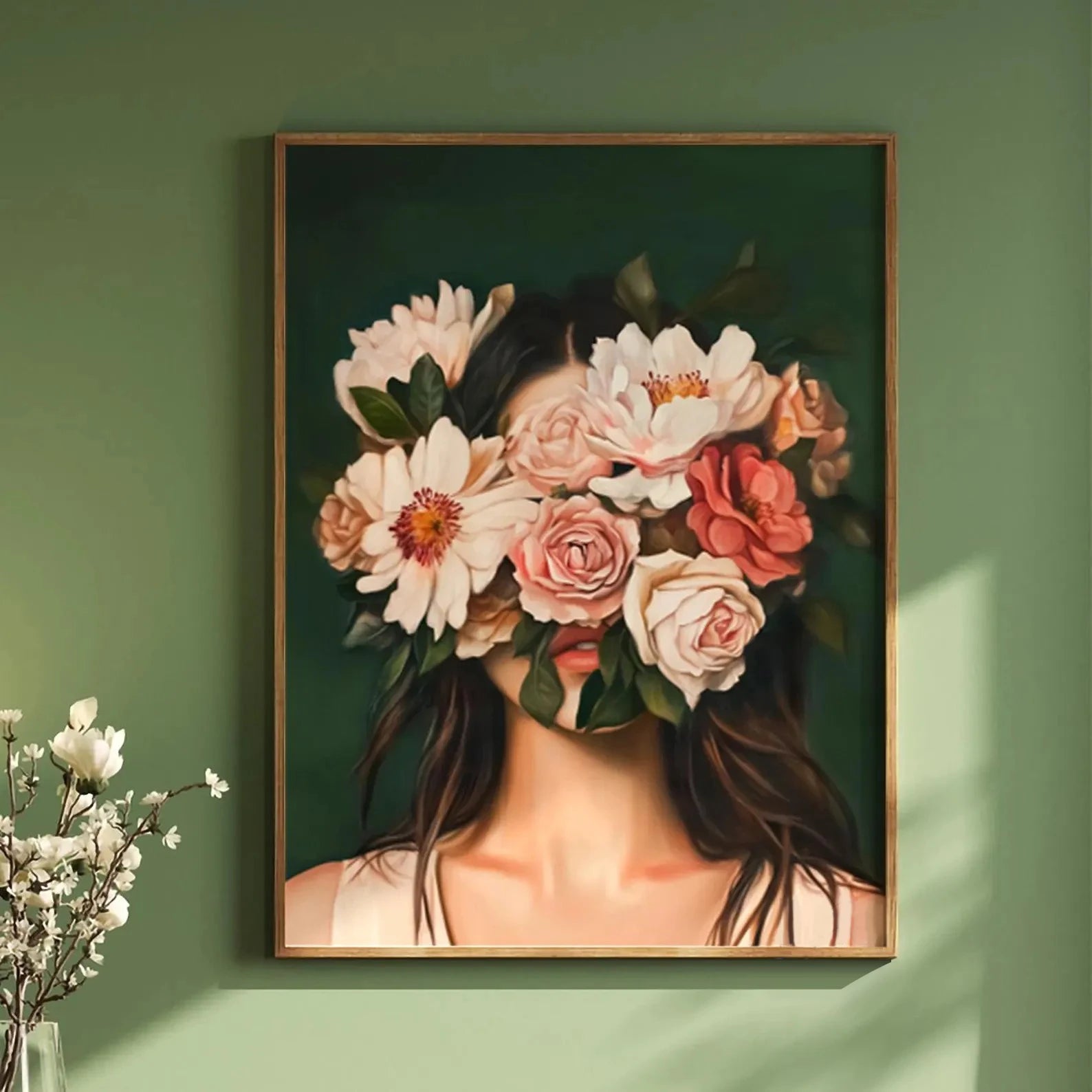 Green Abstract Figures Canvas Print with Flower Woman Minimalist Japandi Female Portrait Art Poster for Modern Living Room Decor