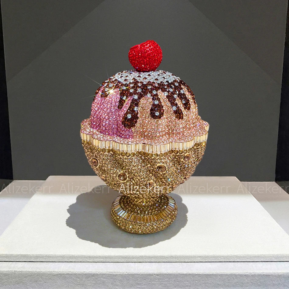 Alizekerr Ice Cream Cup Rhinestone Clutch Bag Women Luxury Cute Metallic Shiny Crystal Sundae Evening Purse Prom Wedding Events