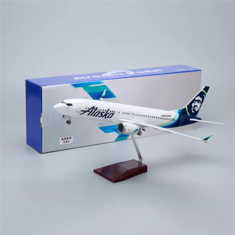1/85 Scale Aircraft 47cm Alaska Airways B737max Diecast Resin Airplane Model Kit With Voice Control & Stand For Souvenir Display