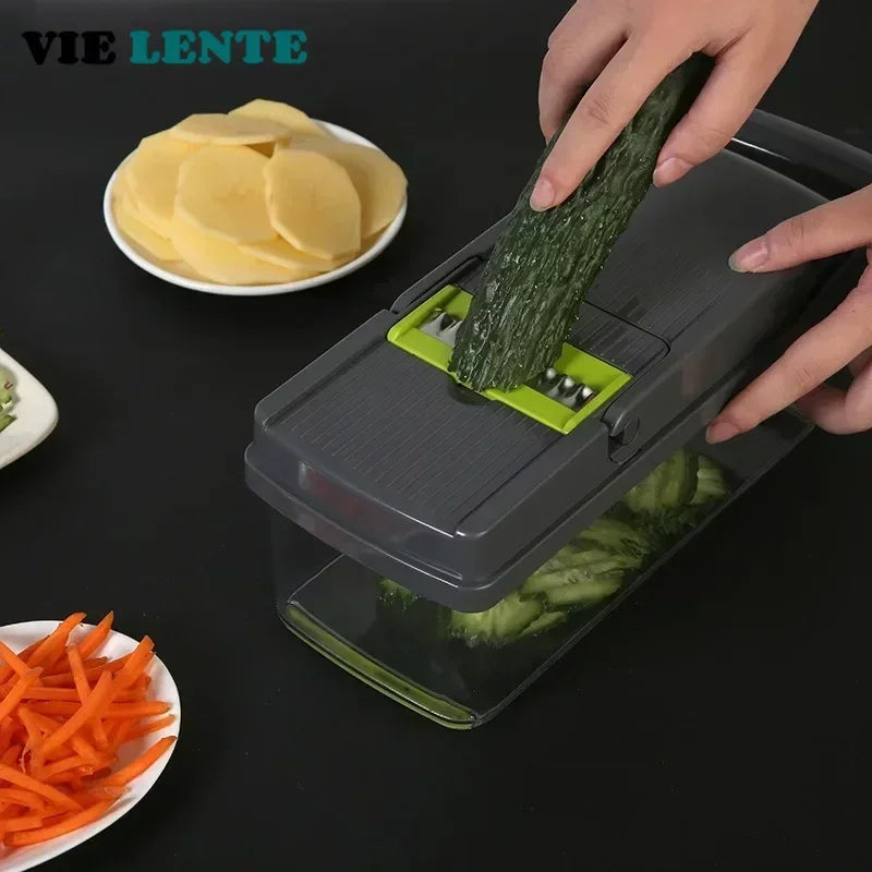 1Pc Green Black 14 in 1 Multifunctional Vegetable Slicer Cutter Shredders Slicer With Basket Fruit Potato Chopper Carrot Grater