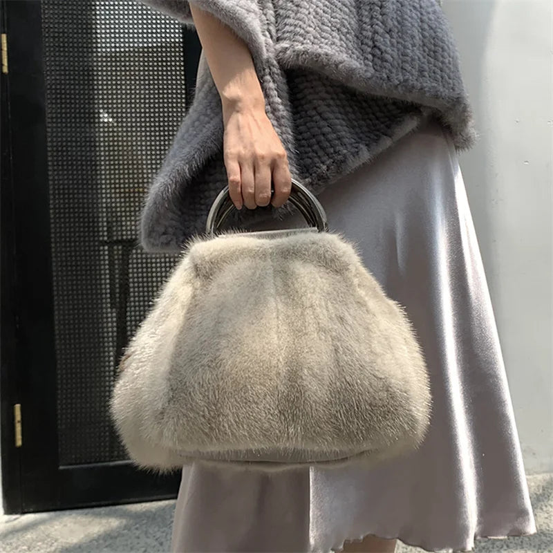 Women's Mink Fur Handbag 2026 New Fashion Designer Fluffy Fur Wrist Bag Large Capacity Soft Shopping Bag Girl Cute Handbag