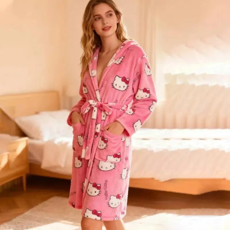 Nightgown Anime Hello Kitty 2026Bathrobe Flannel Thickened Pajamas Women's Home Clothes Winter Warm Pajamas Girls' Nightgown