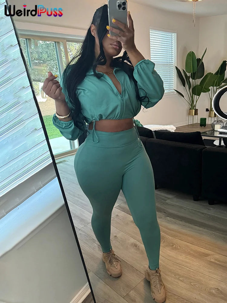 Weird Puss Women Tracksuit 2 Piece Set 2024 Autumn Casual Zip Thin Drawstring Jacket+Leggings Matching Streetwear Sporty Suit