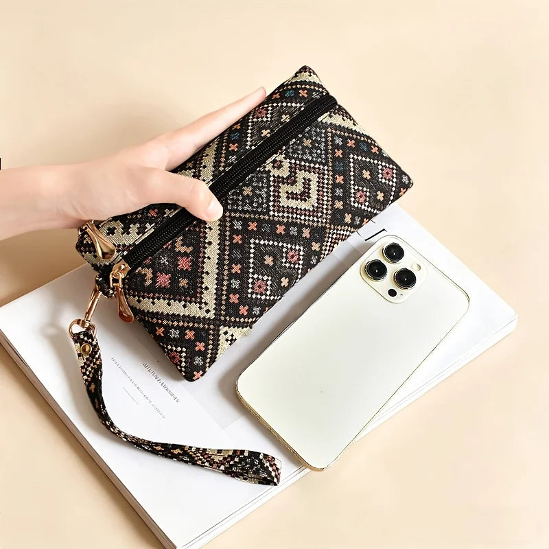 Ethnic Bohemian Chinese Style Womens Long Clutch Wallet Phone Pocket Portable Daily Travel Fashion Storage Hand Purse Accessory