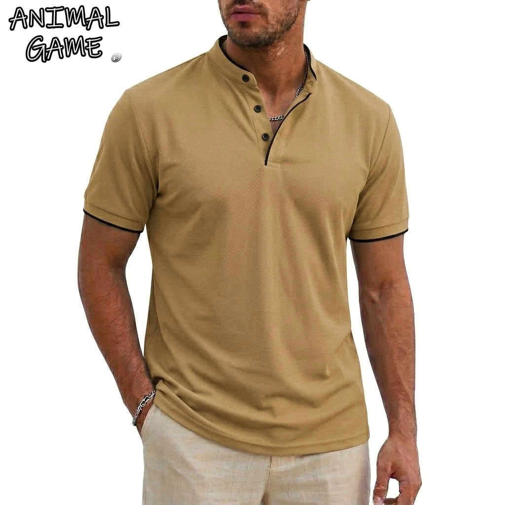 Men Short Sleeve Henley T-Shirt Summer Casual Solid Button-up Shirt V Neck Tee Fitness Breathable Classic Collarless Pullover