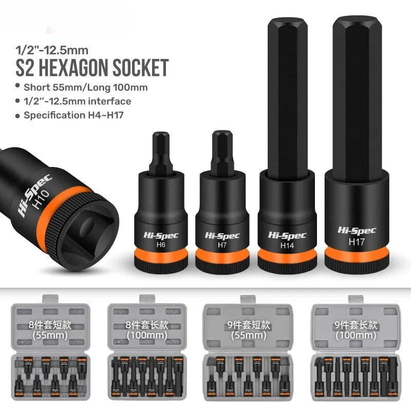 For Auto Repair,Hand Tools Mechanical Workshop Tool Hi-Spec 1/2 Inch Drive Impacts Socket Set Hex Bits H4-H17 CR-V Sockets Set