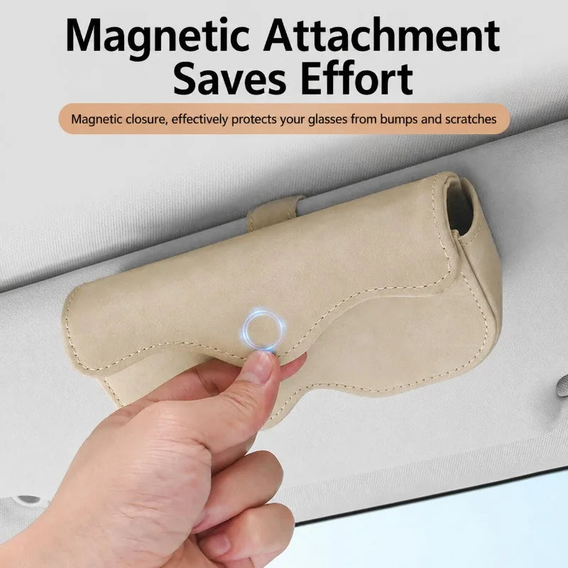 Premium Car Sun Visor Sunglasses Holder Leather Glasses Case Auto Interior Organizer Ticket Card Clip One-Hand Operation Mount