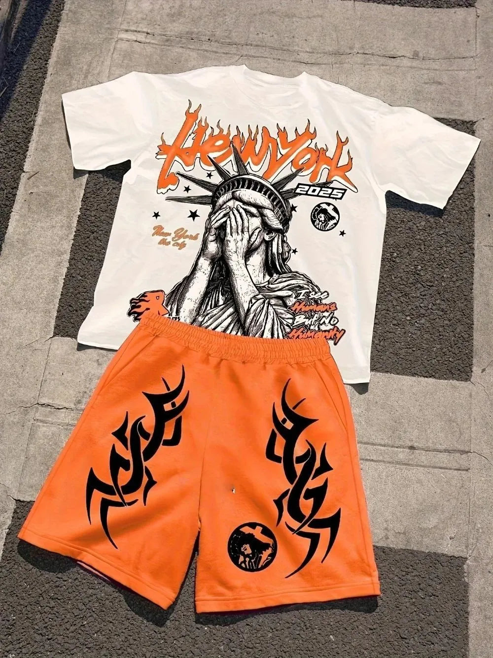 New Men's Summer Statue of Liberty Printed Comfortable Breathable Round Neck T-shirt Drawstring Shorts Set Outdoor Street Wear