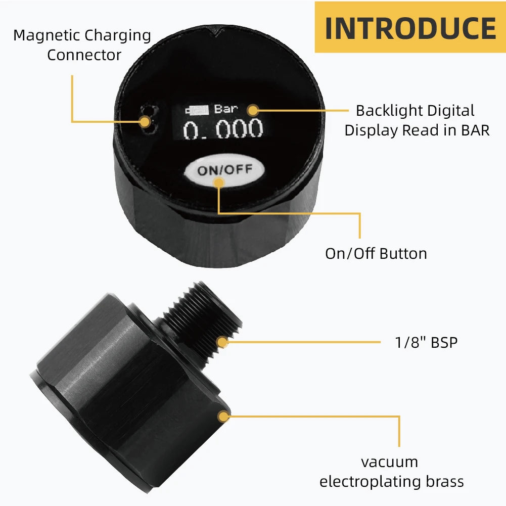 28mm Rechargeable High-Pressure Gauge, 1/8BSP Digital Pressure Gauge, High-Precision HPA Gauge, Three Units Can Be Adjusted