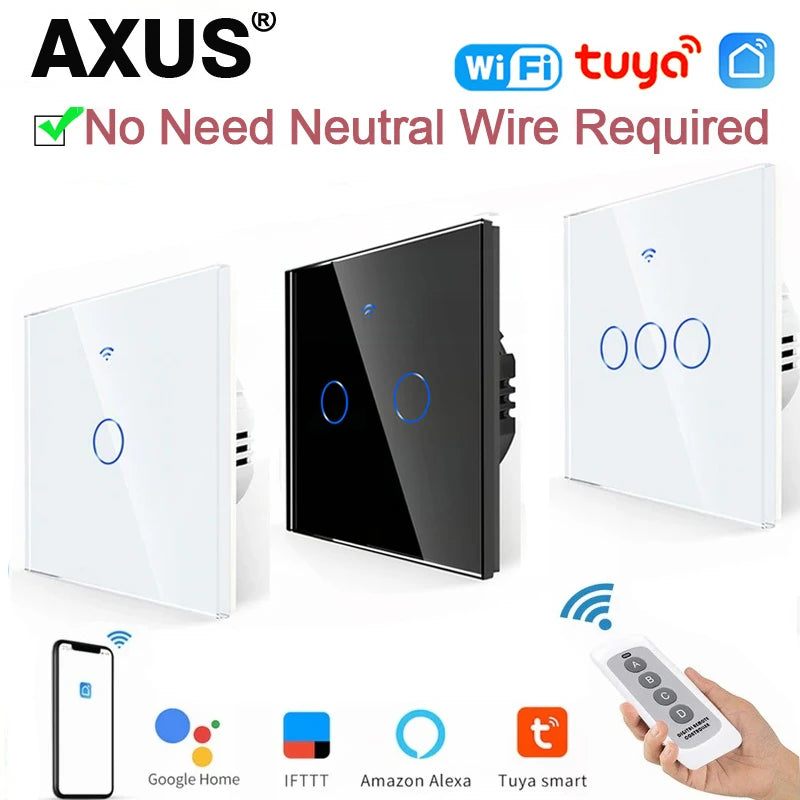 AXUS EU WiFi Smart Light Switches Touch Switch RF433 No Neutral Wire Work With Tuya Smart Life App Control Alexa Google Home