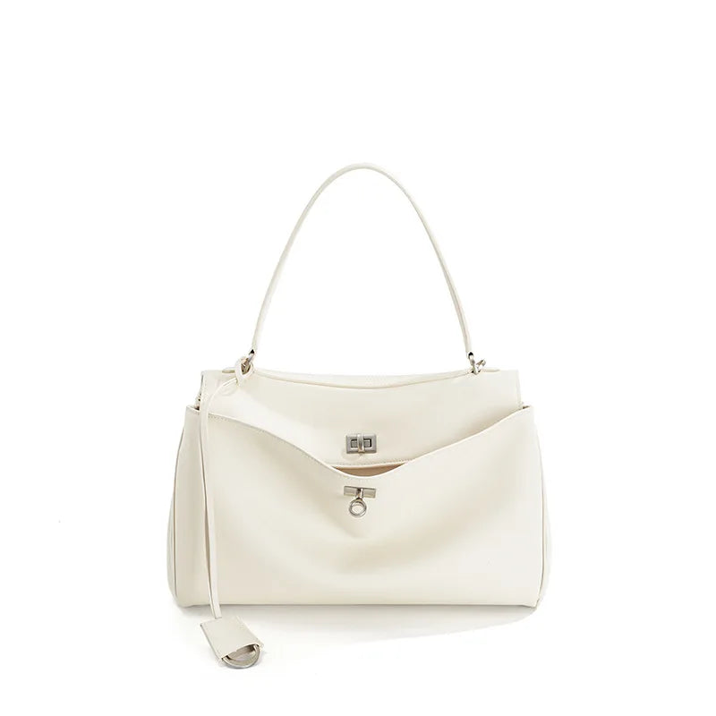 New Women's Large Capacity Leather Rodeo Bag Fashion Advanced Lock Design High Sense Underarm Shoulder Bag
