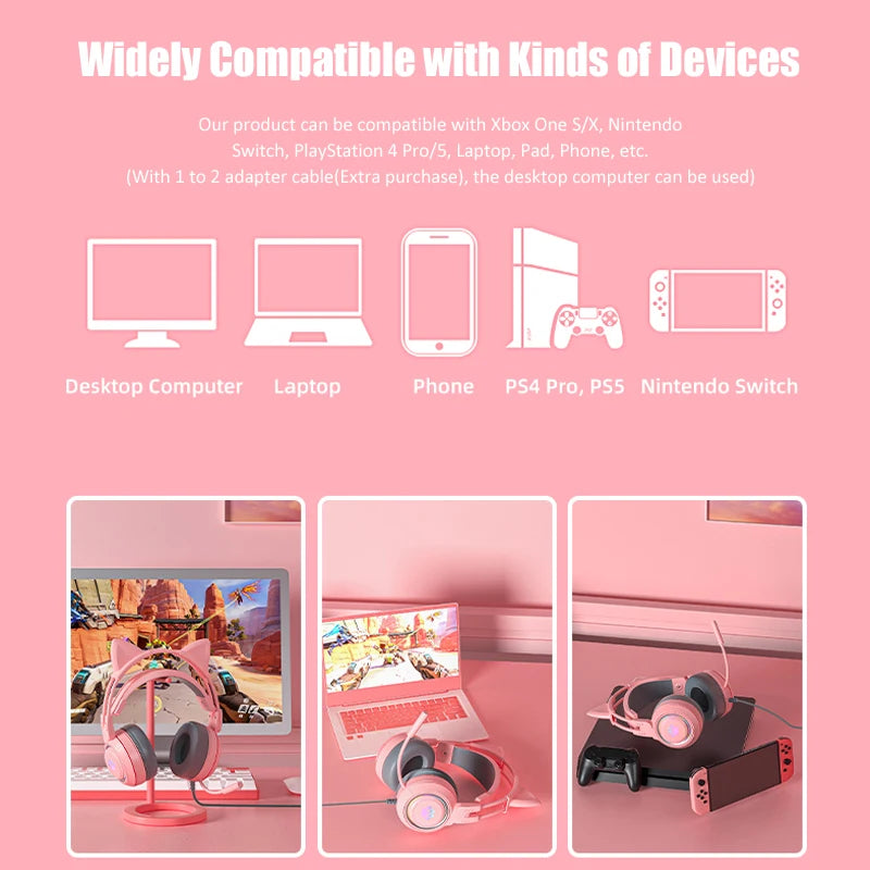 Cute Cat Ear Gaming Headphones with Mic Noise Reduced RGB Pink Girls Headset Gamer Accessories for PS4 Xbox Phone PC Kid Gift